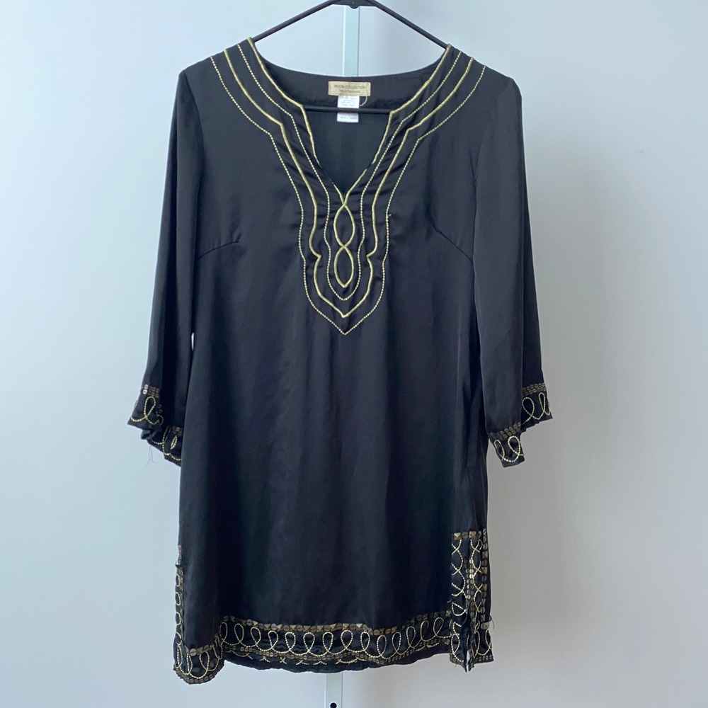 Moon Collection Boho Peasant Embroidered Sequin Tunic Top Large Black